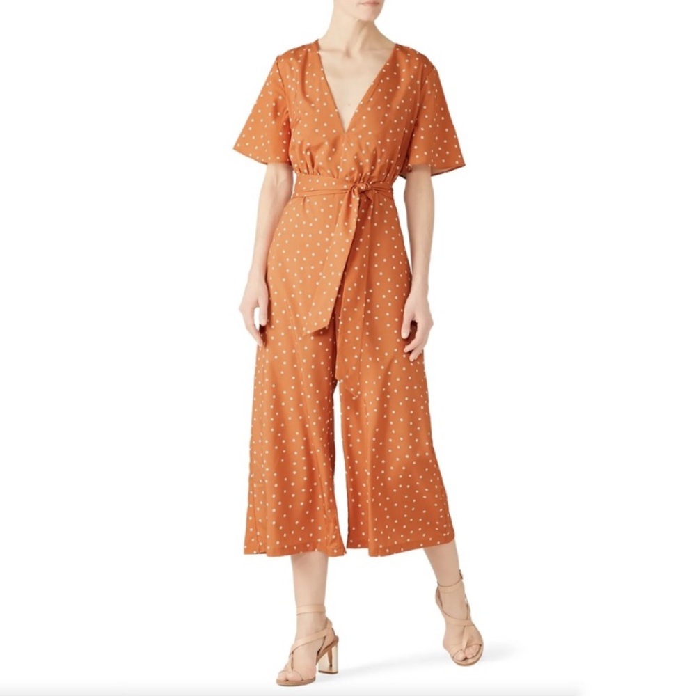 Stylestalker Retro Laurel Golden Brown White Polka Dot V-Neck Cropped Jumpsuit